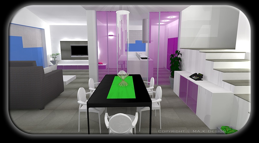 Arhitektura ambienta - jedilnica, kuhinja, dnevna soba - 3D - vizualizacija hiše